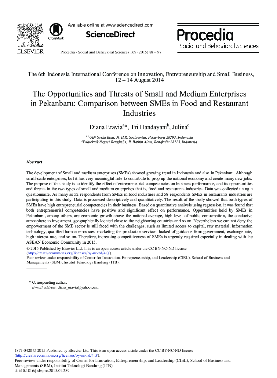 The Opportunities and Threats of Small and Medium Enterprises in Pekanbaru: Comparison between SMEs in Food and Restaurant Industries 