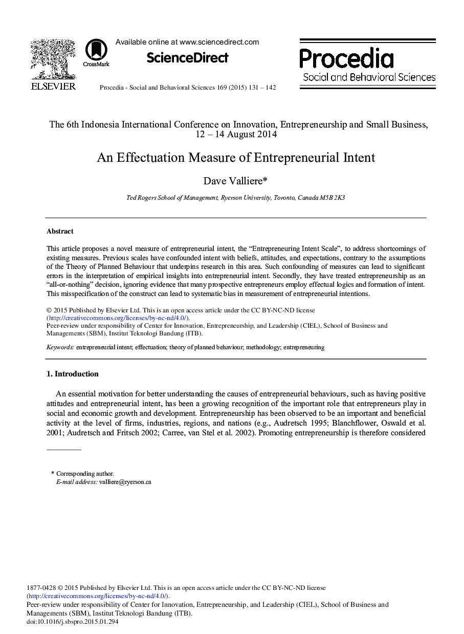 An Effectuation Measure of Entrepreneurial Intent 