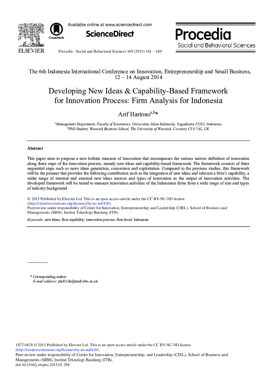 Developing New Ideas & Capability-based Framework for Innovation Process: Firm Analysis for Indonesia 