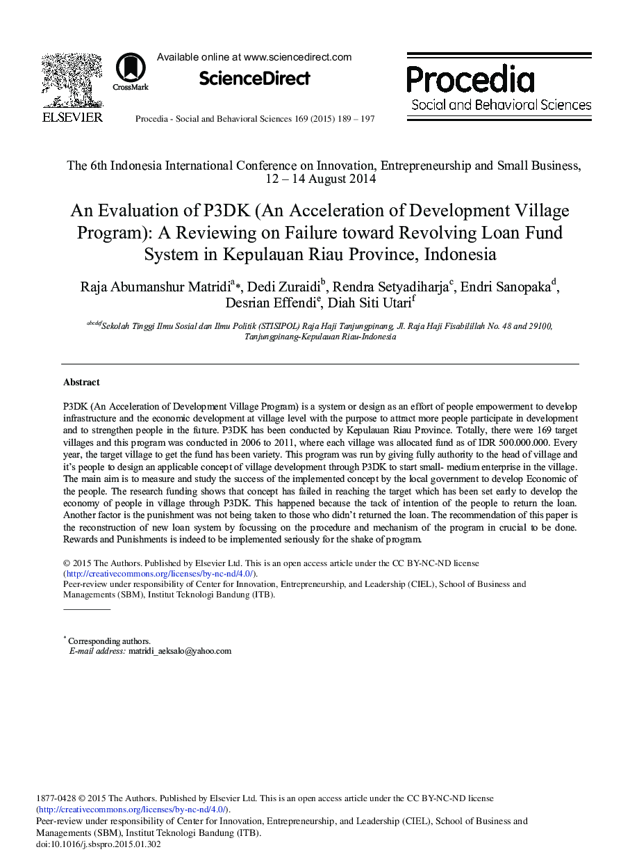 An Evaluation of P3DK (An Acceleration of Development Village Program): A Reviewing on Failure toward Revolving Loan Fund System in Kepulauan Riau Province, Indonesia 