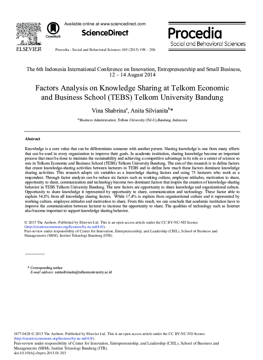 Factors Analysis on Knowledge Sharing at Telkom Economic and Business School (TEBS) Telkom University Bandung 