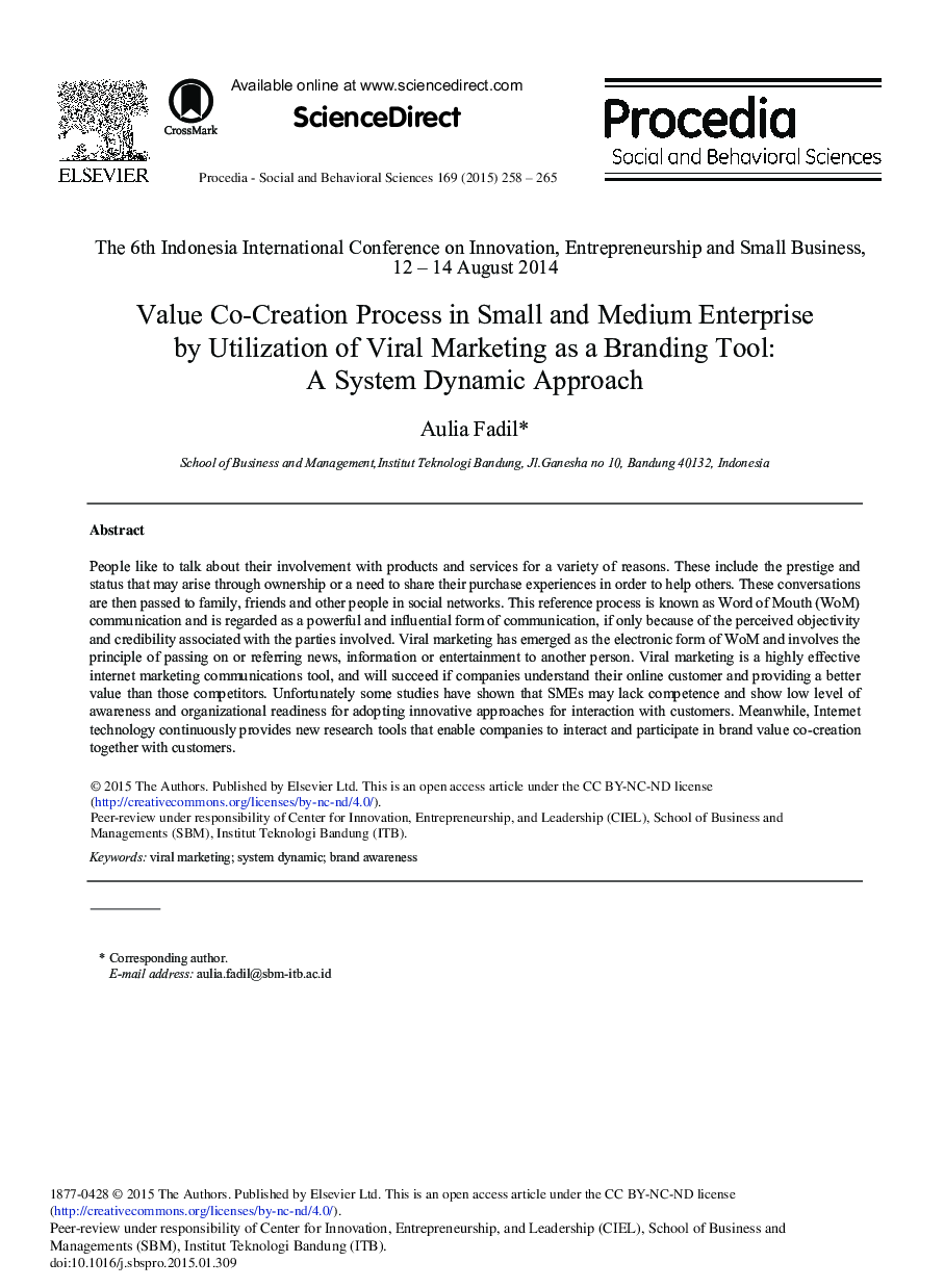 Value Co-creation Process in Small and Medium Enterprise by Utilization of Viral Marketing as a Branding Tool: A System Dynamic Approach 