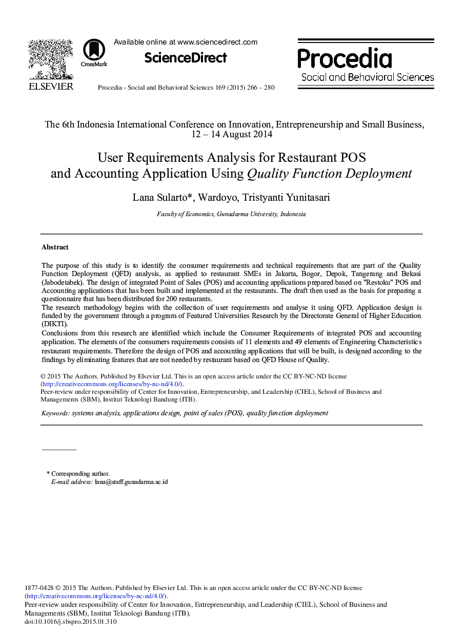 User Requirements Analysis for Restaurant POS and Accounting Application Using Quality Function Deployment 