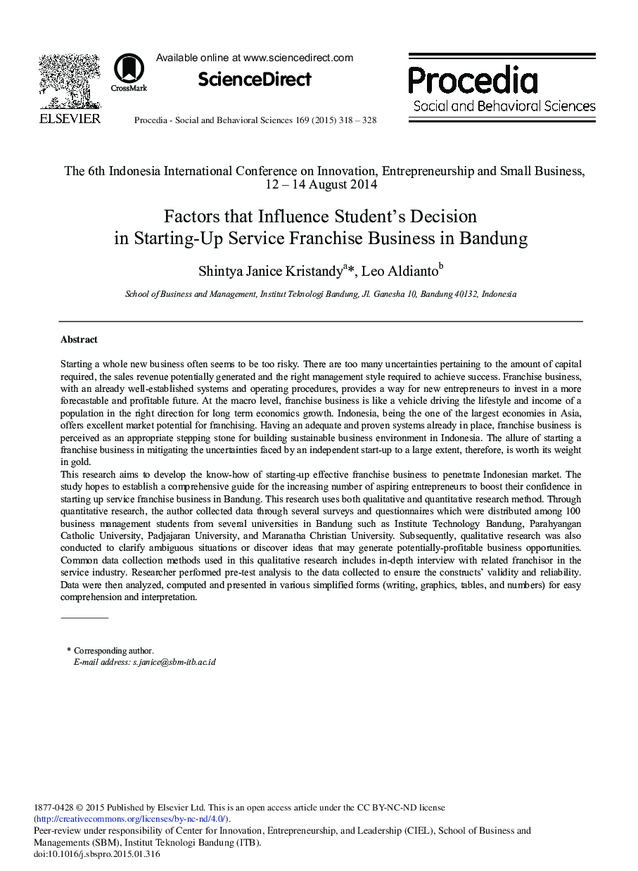 Factors that Influence Student's Decision in Starting-up Service Franchise Business in Bandung 