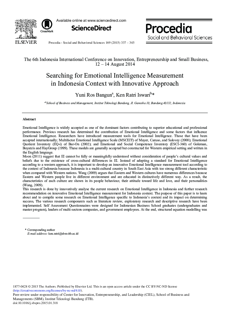 Searching for Emotional Intelligence Measurement in Indonesia Context with Innovative Approach 