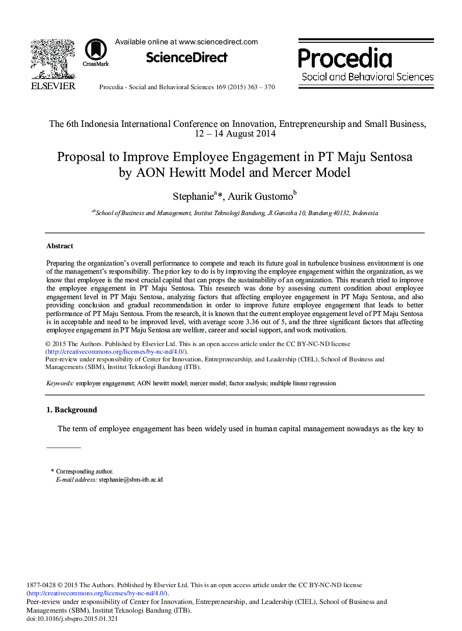 Proposal to Improve Employee Engagement in PT Maju Sentosa by AON Hewitt Model and Mercer Model 