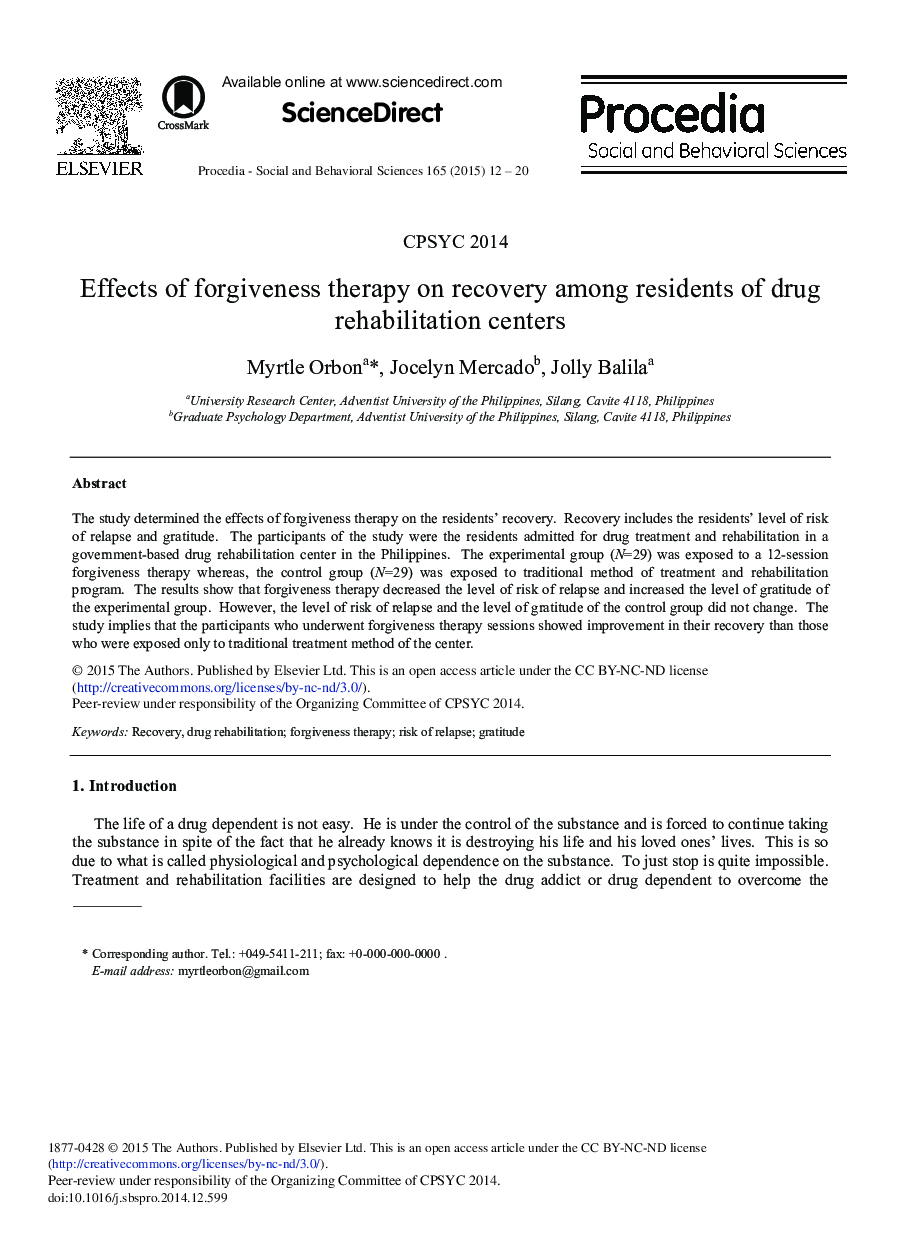 Effects of Forgiveness Therapy on Recovery among Residents of Drug Rehabilitation Centers 