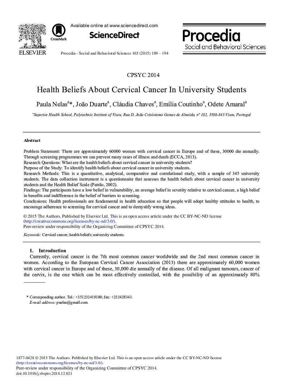 Health Beliefs about Cervical Cancer in University Students 