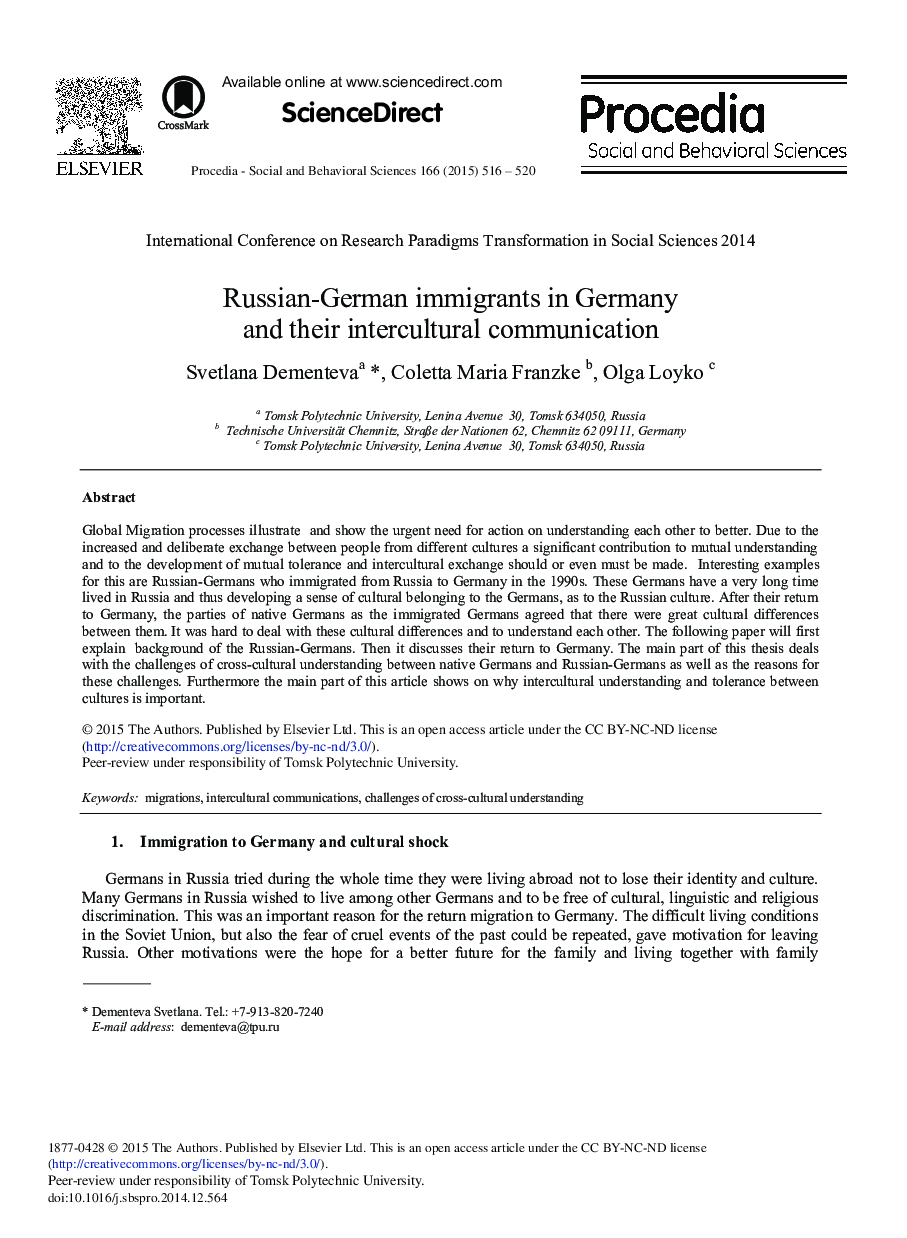 Russian-German Immigrants in Germany and their Intercultural Communication 