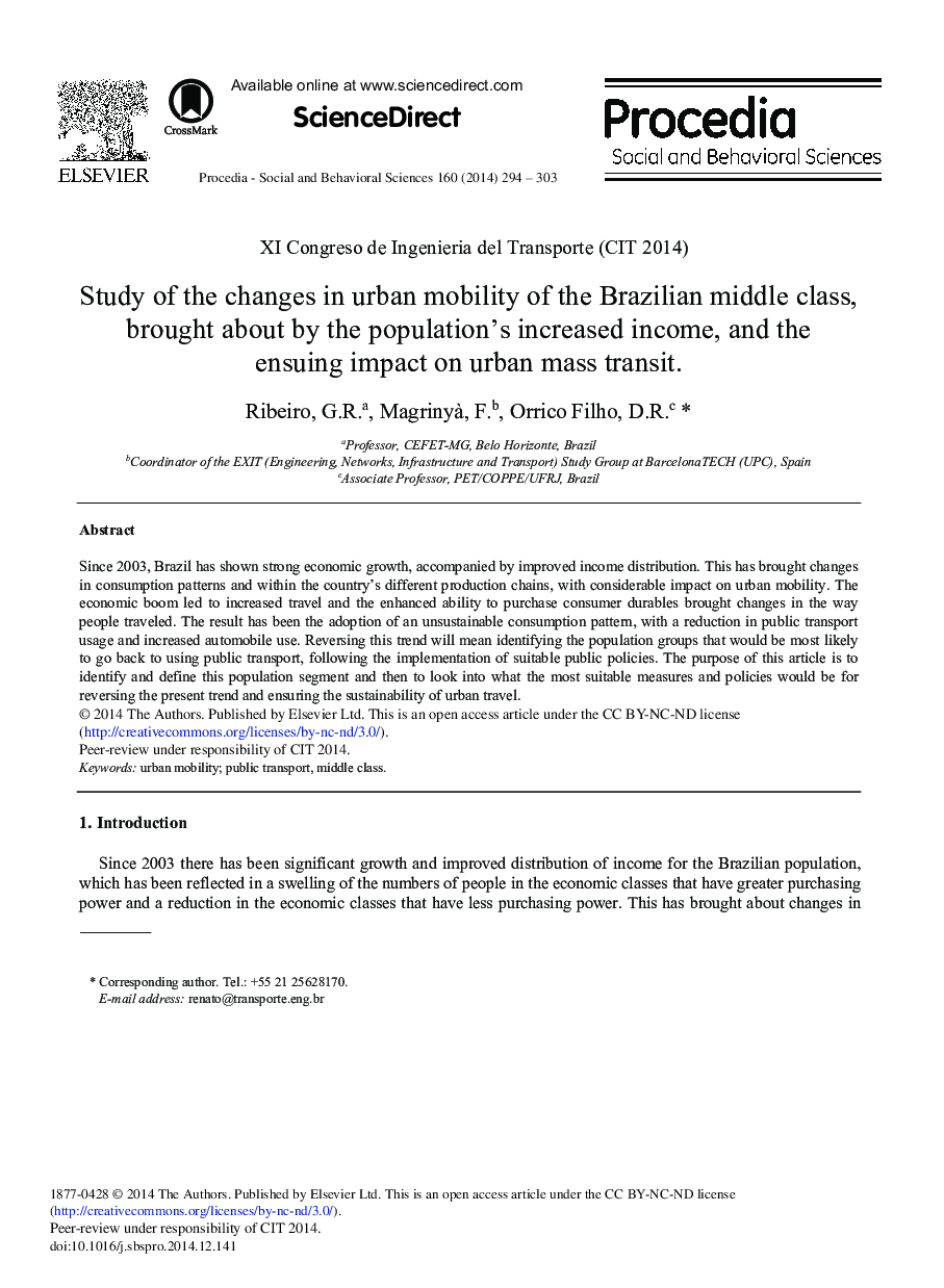 Study of the Changes in Urban Mobility of the Brazilian Middle Class, Brought about by the Population's Increased Income, and the Ensuing Impact on Urban Mass Transit 