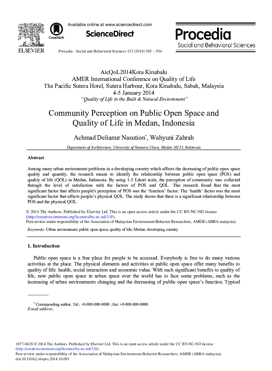 Community Perception on Public Open Space and Quality of Life in Medan, Indonesia