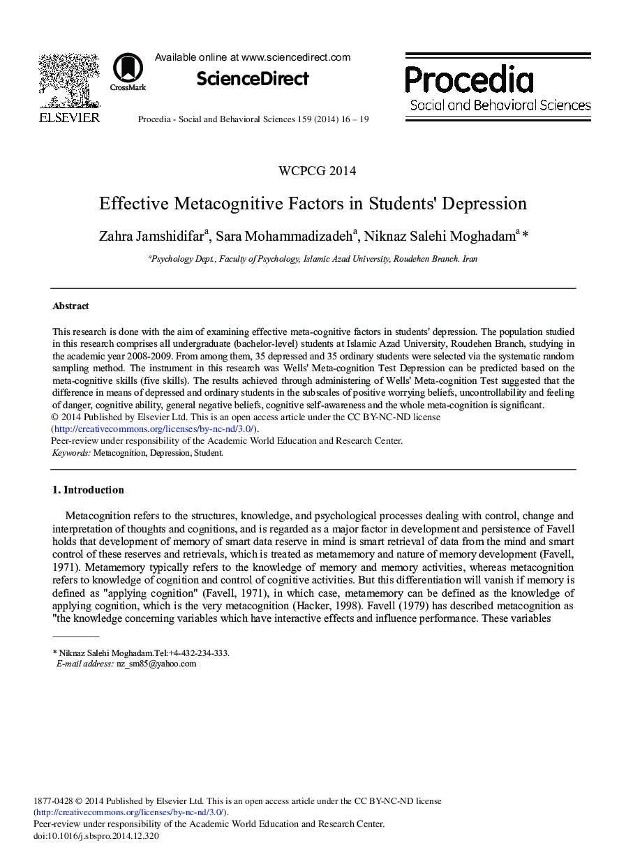 Effective Metacognitive Factors in Students’ Depression 