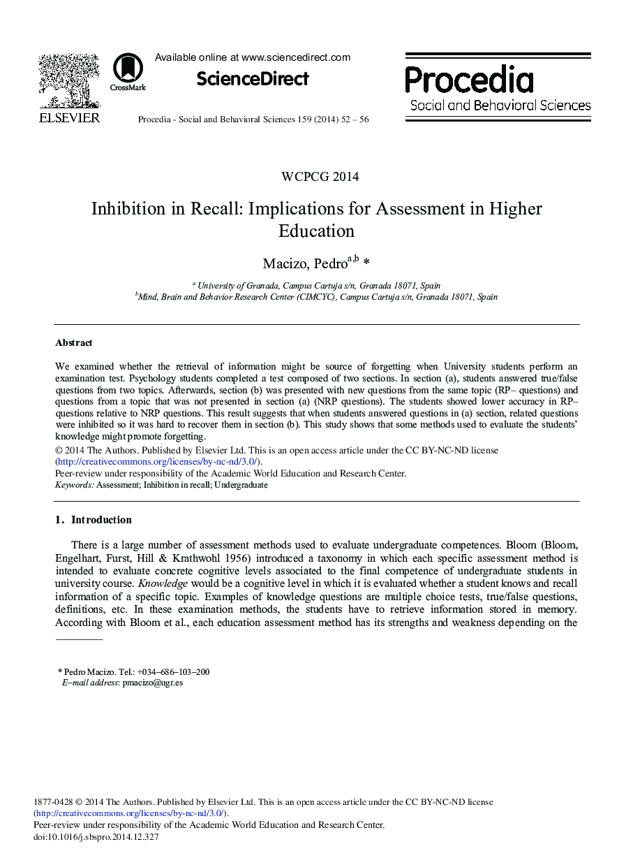 Inhibition in Recall: Implications for Assessment in Higher Education 