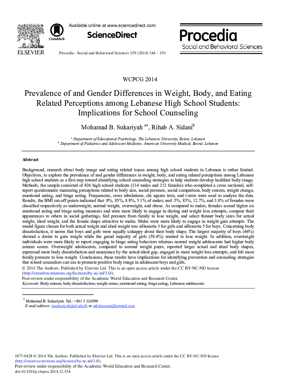 Prevalence of and Gender Differences in Weight, Body, and Eating Related Perceptions among Lebanese High School Students: Implications for School Counseling 