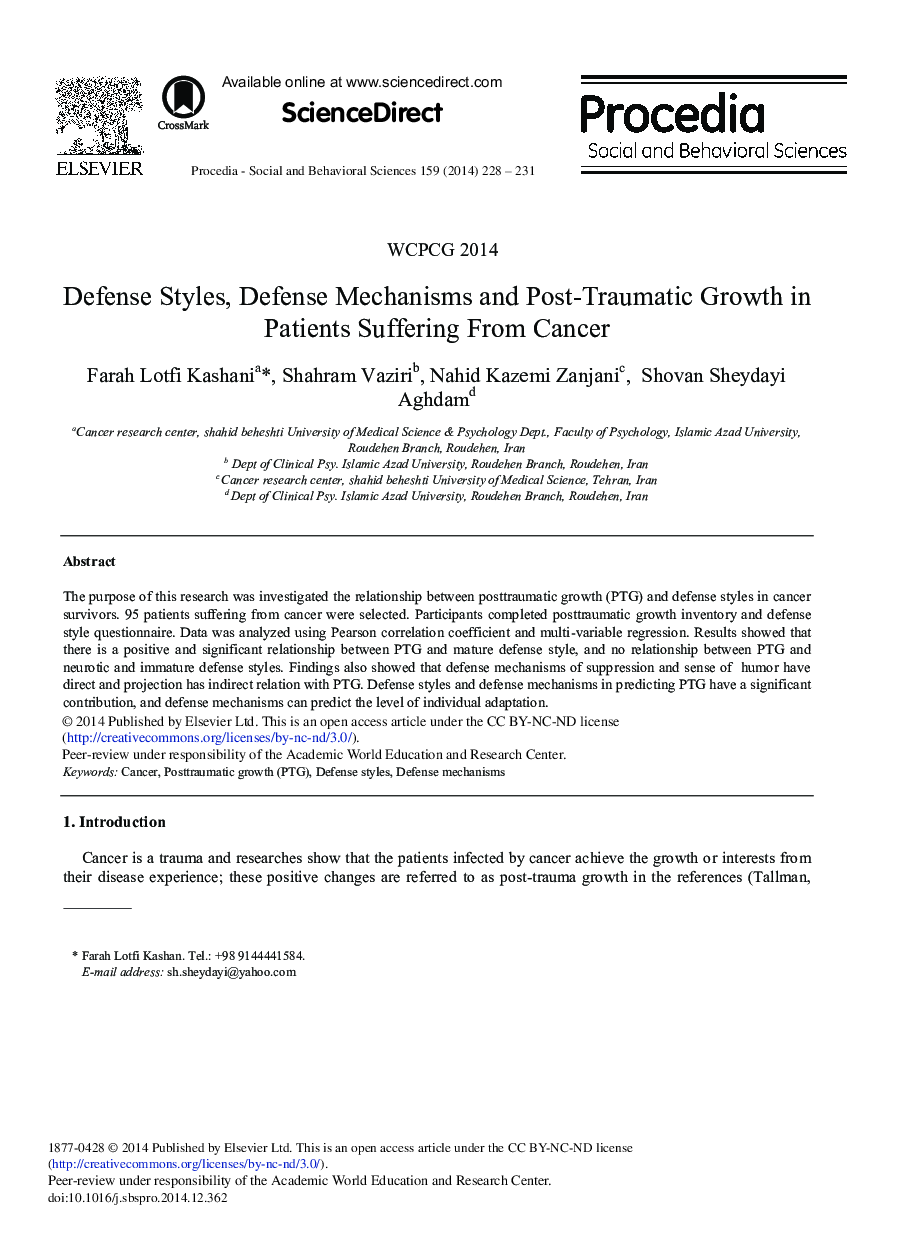 Defense Styles, Defense Mechanisms and Post-traumatic Growth in Patients Suffering from Cancer 