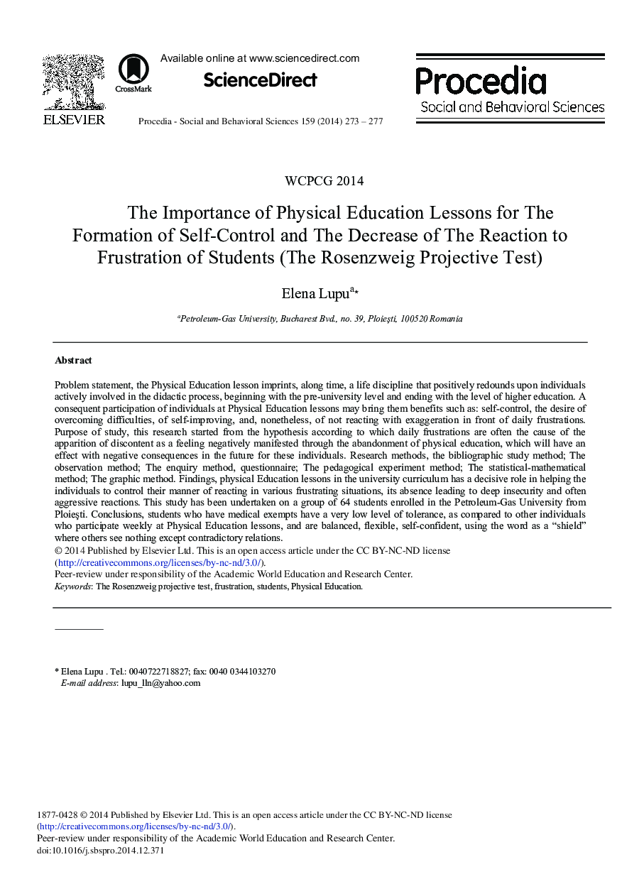 The Importance of Physical Education Lessons for the Formation of Self-control and the Decrease of the Reaction to Frustration of Students (The Rosenzweig Projective Test) 