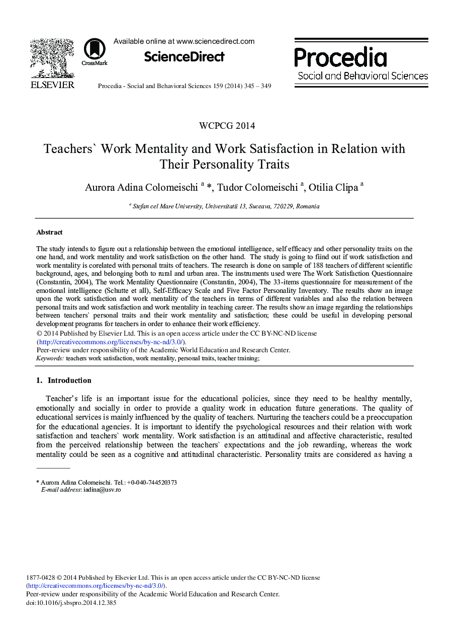 Teachers’ Work Mentality and Work Satisfaction in Relation with their Personality Traits 