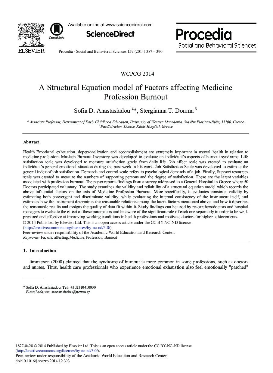 A Structural Equation Model of Factors Affecting Medicine Profession Burnout 