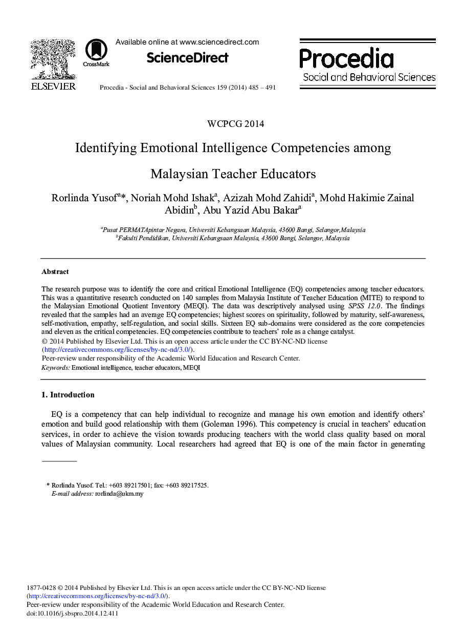 Identifying Emotional Intelligence Competencies among Malaysian Teacher Educators 