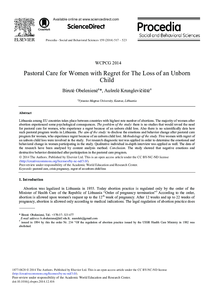 Pastoral Care for Women with Regret for the Loss of an Unborn Child 