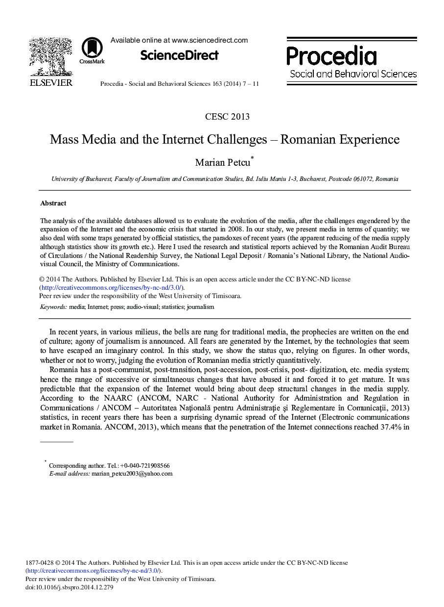 Mass Media and the Internet Challenges–romanian Experience 