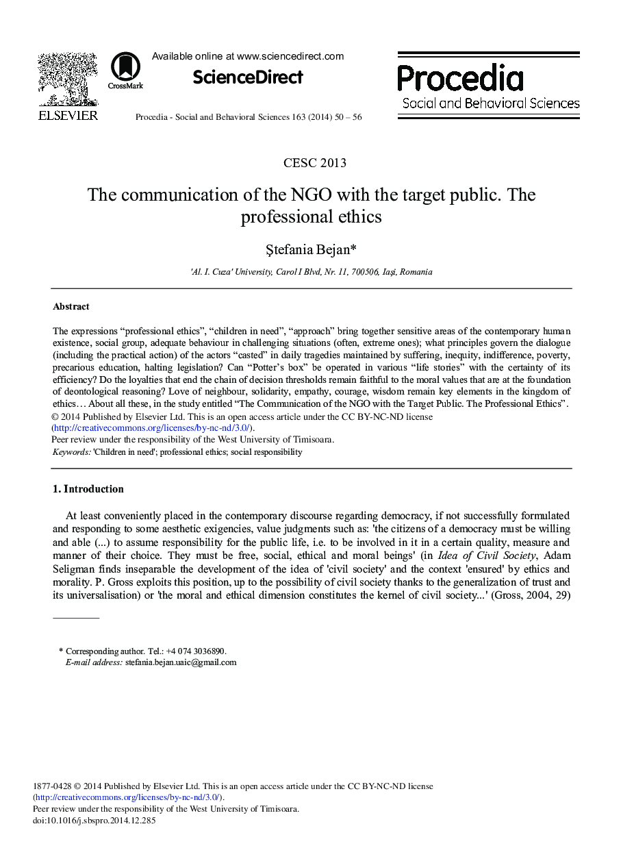 The Communication of the NGO with the Target Public. the Professional Ethics 