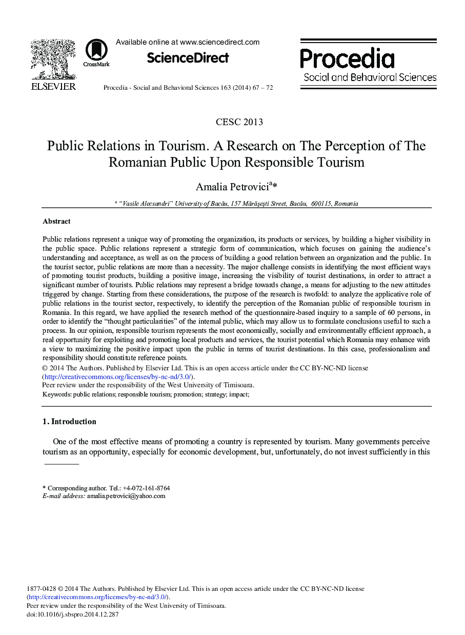 Public Relations in Tourism. A Research on the Perception of the Romanian Public Upon Responsible Tourism 