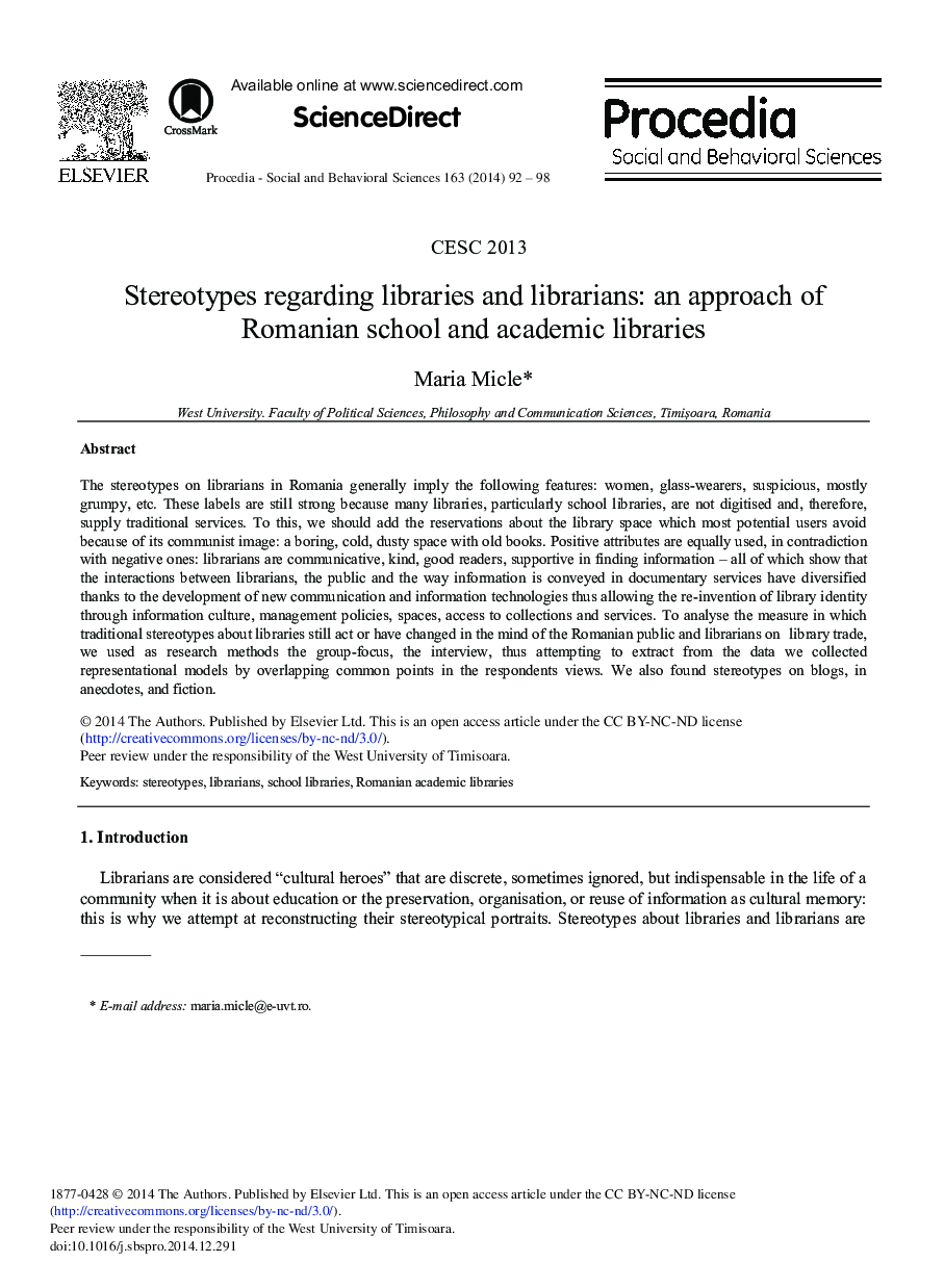 Stereotypes Regarding Libraries and Librarians: An Approach of Romanian School and Academic Libraries 