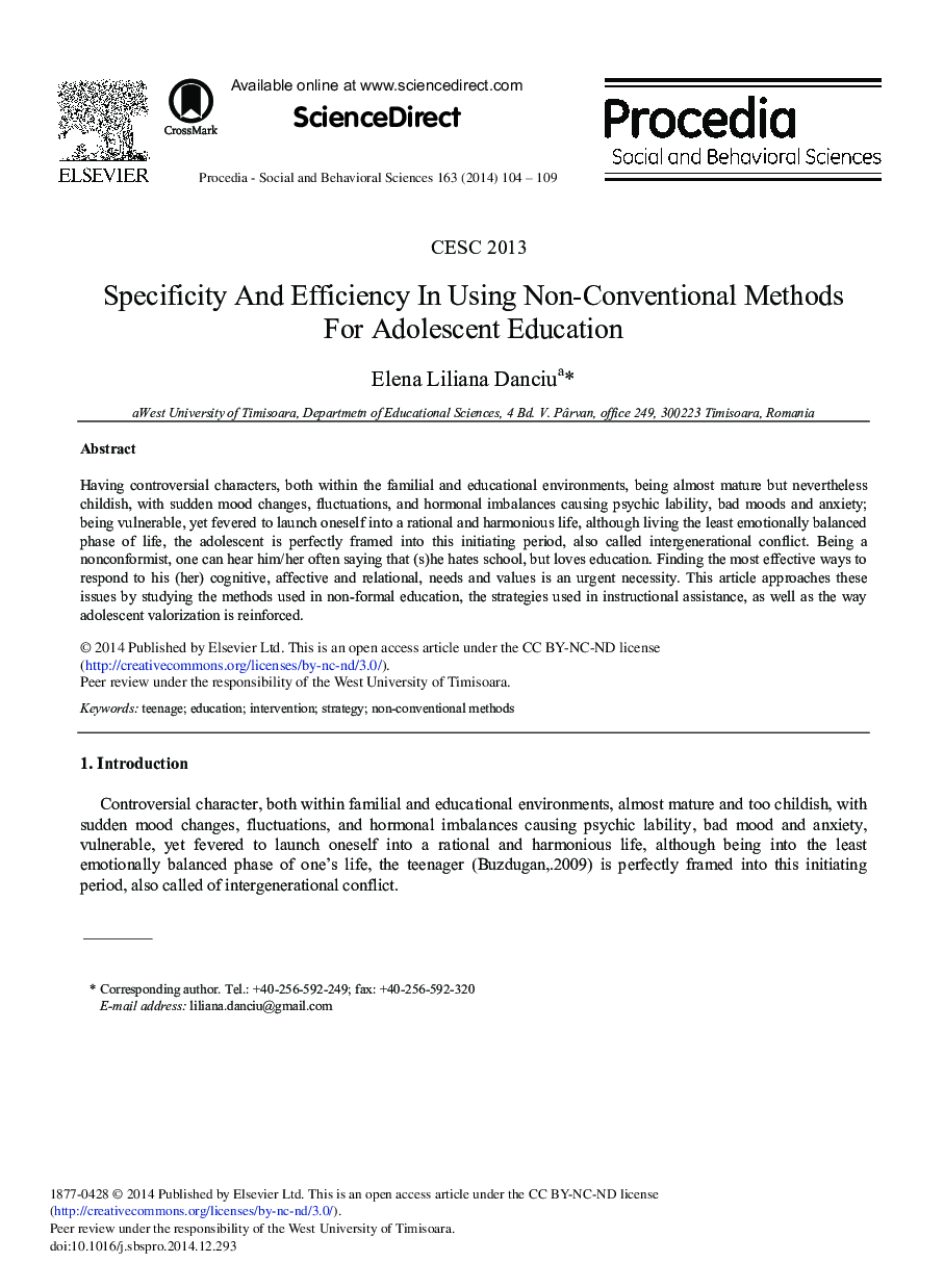 Specificity and Efficiency in Using Non-conventional Methods for Adolescent Education 