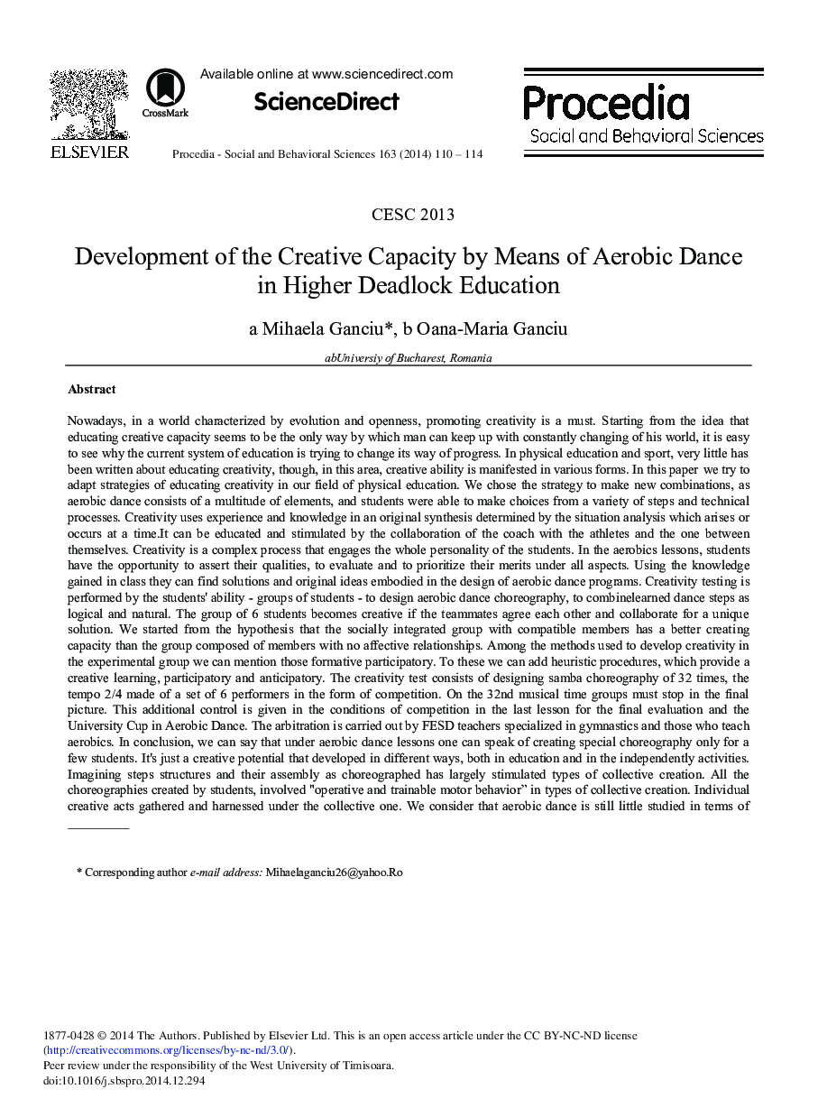 Development of the Creative Capacity by Means of Aerobic Dance in Higher Deadlock Education 