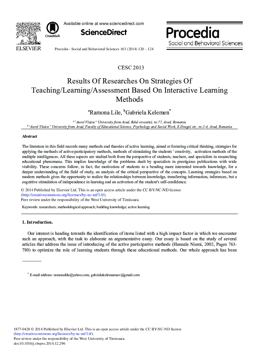 Results of Researches on Strategies of Teaching/Learning/Assessment Based on Interactive Learning Methods 