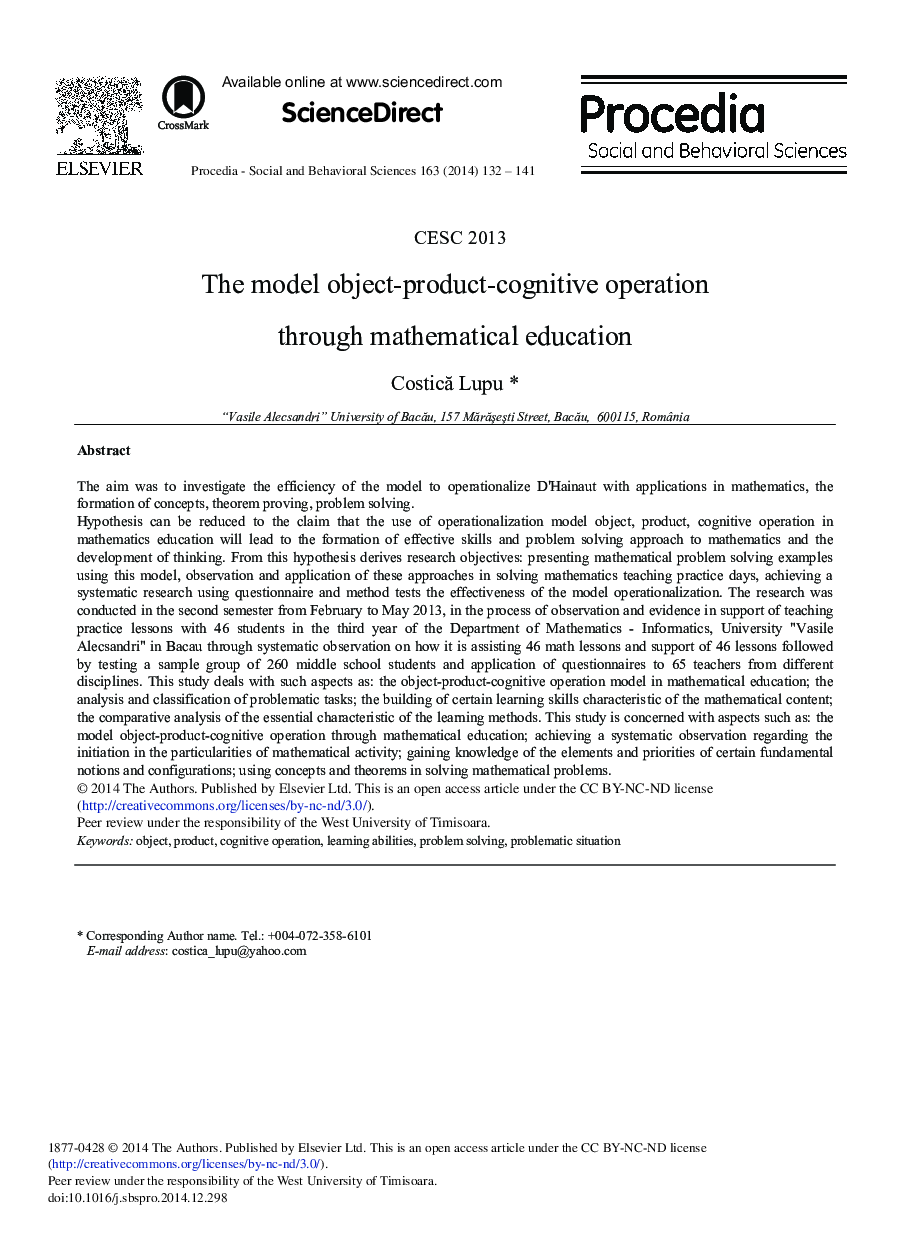 The Model Object-product-cognitive Operation Through Mathematical Education 