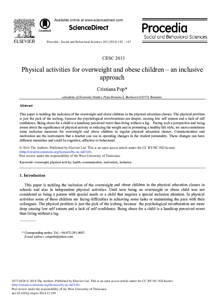 Physical Activities for Overweight and Obese Children–an Inclusive Approach 