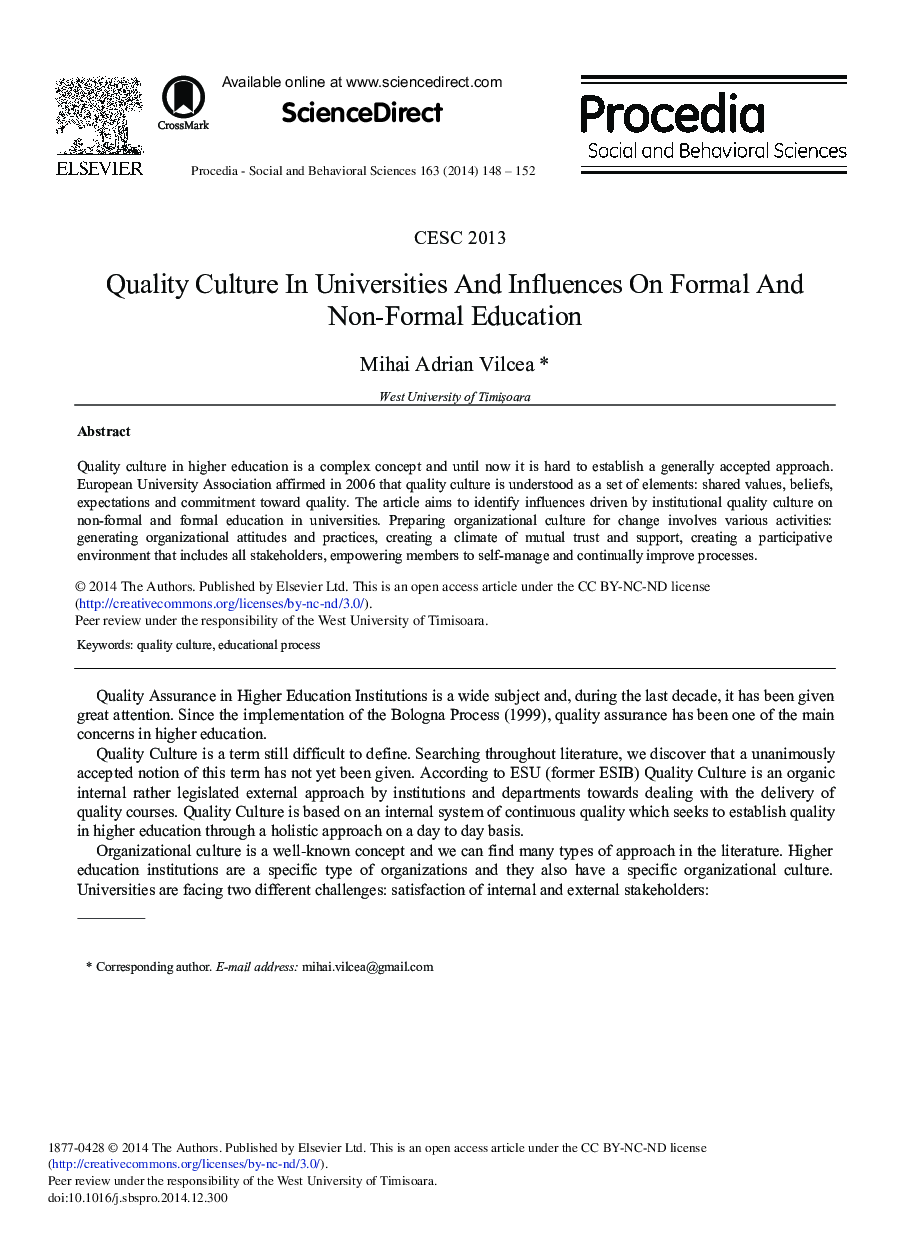 Quality Culture in Universities and Influences on Formal and Non-formal Education 