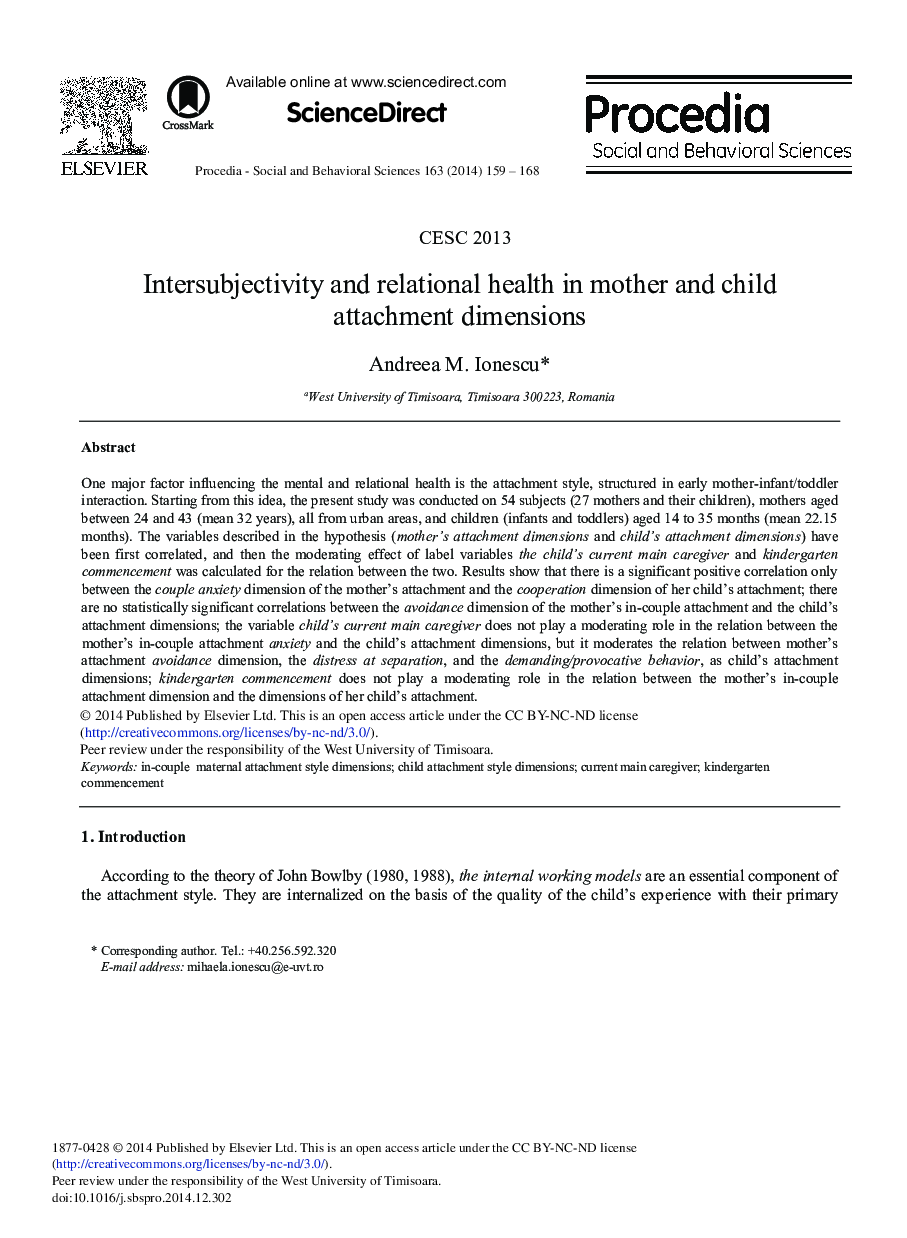 Intersubjectivity and Relational Health in Mother and Child Attachment Dimensions 