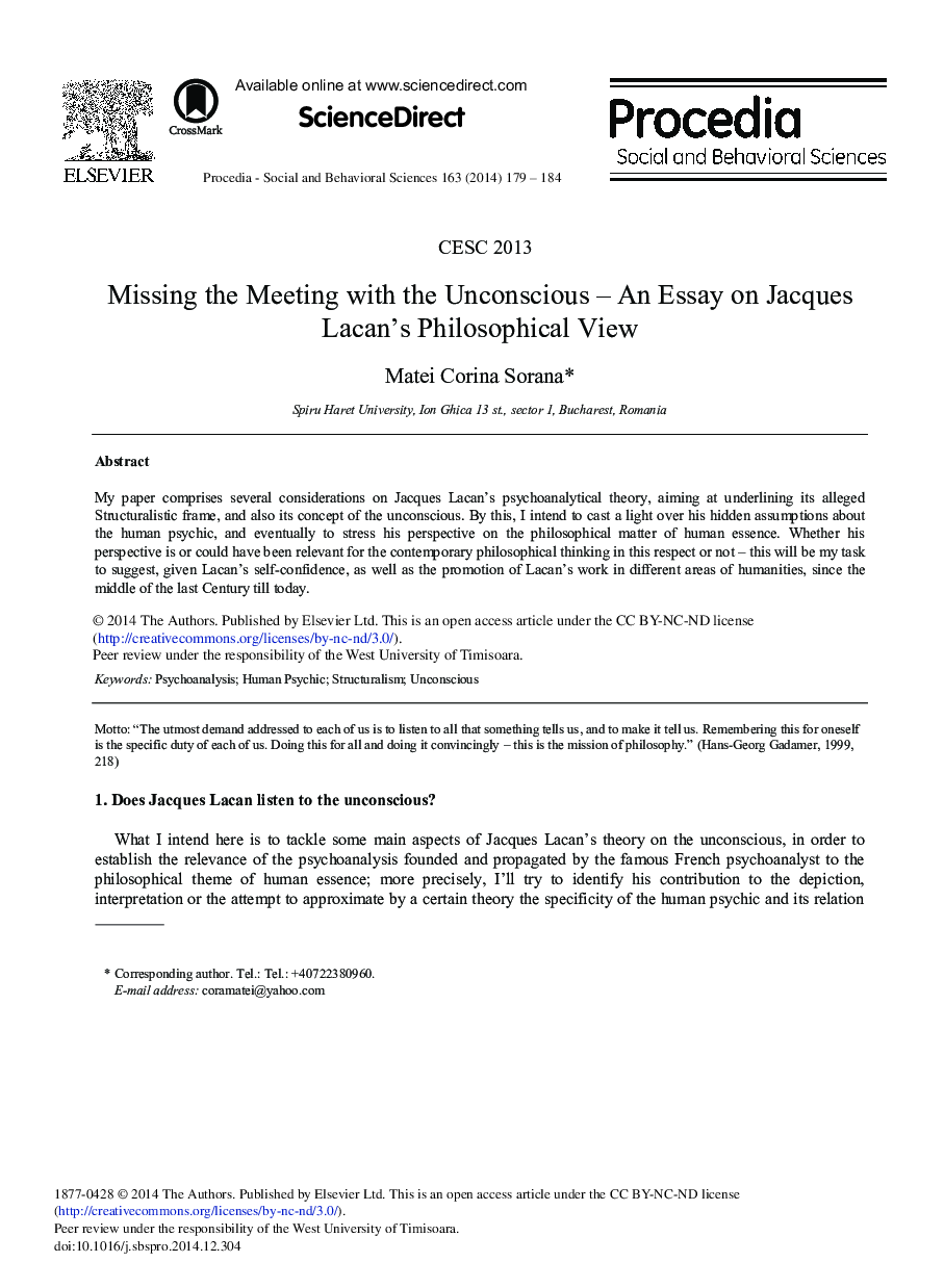 Missing the Meeting with the Unconscious – An Essay on Jacques Lacan's Philosophical View 