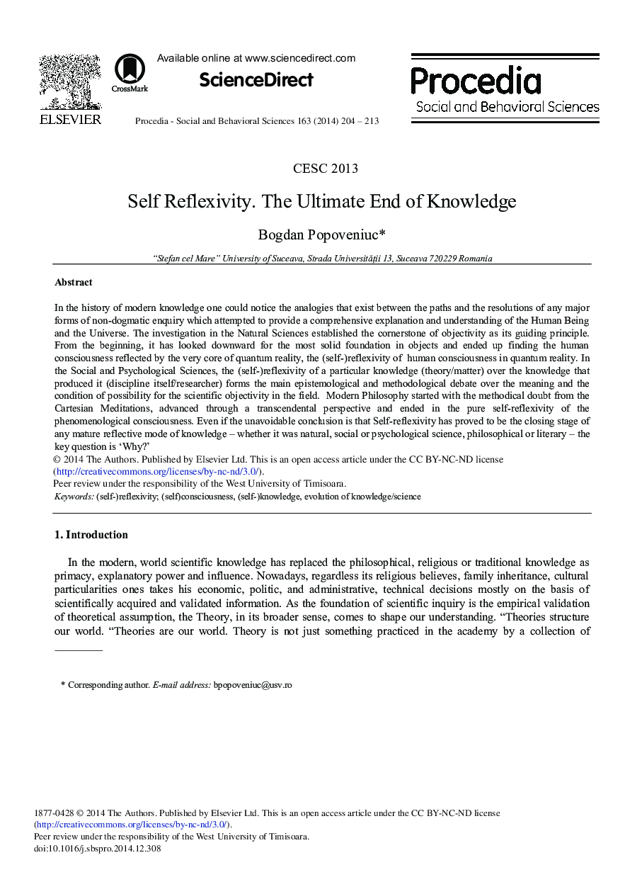 Self Reflexivity. The Ultimate End of Knowledge 