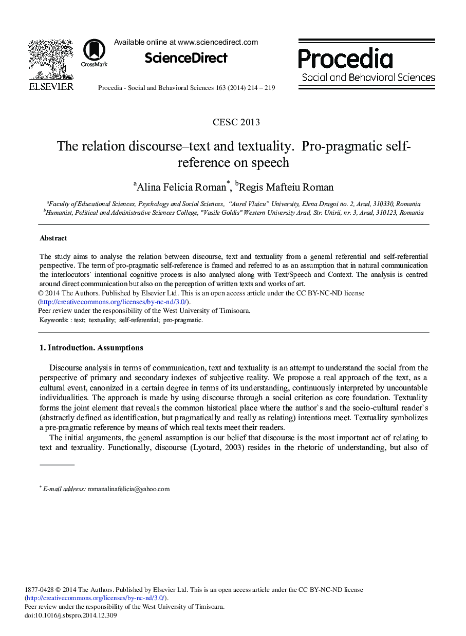 The Relation Discourse–Text and Textuality. Pro-pragmatic Self-reference on Speech 