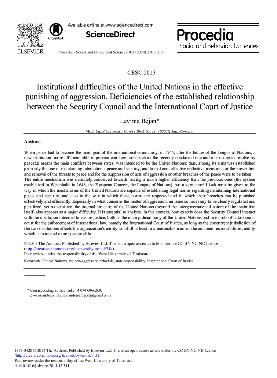 Institutional Difficulties of the United Nations in the Effective Punishing of Aggression. Deficiencies of the Established Relationship Between the Security Council and the International Court of Justice 