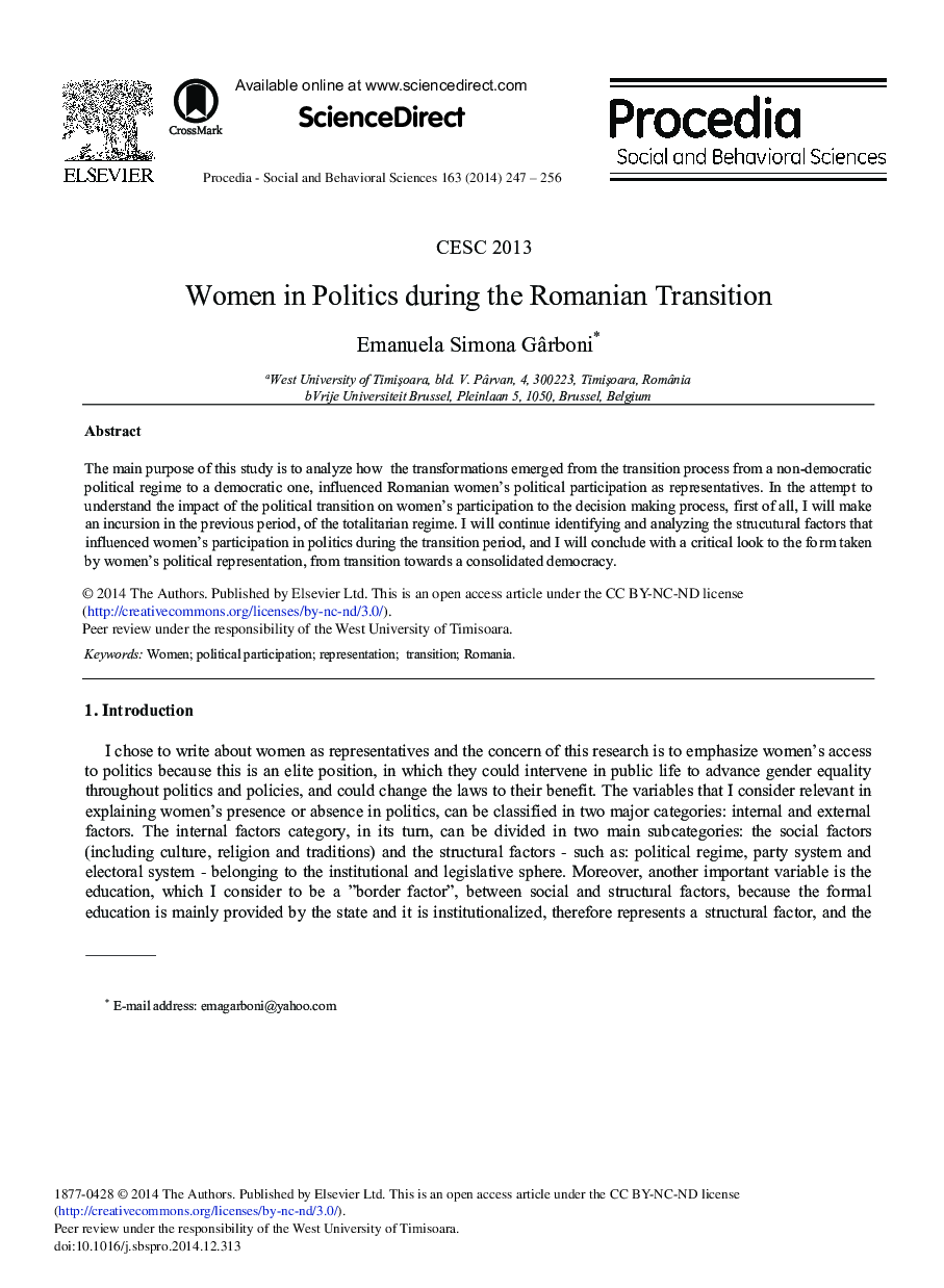 Women in Politics During the Romanian Transition 