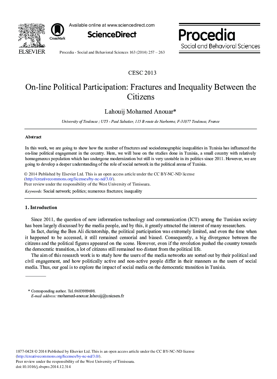 On-line Political Participation: Fractures and Inequality Between the Citizens 