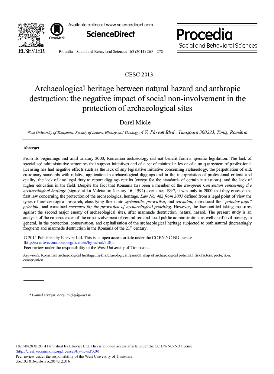 Archaeological Heritage Between Natural Hazard and Anthropic Destruction: The Negative Impact of Social Non-involvement in the Protection of Archaeological Sites 