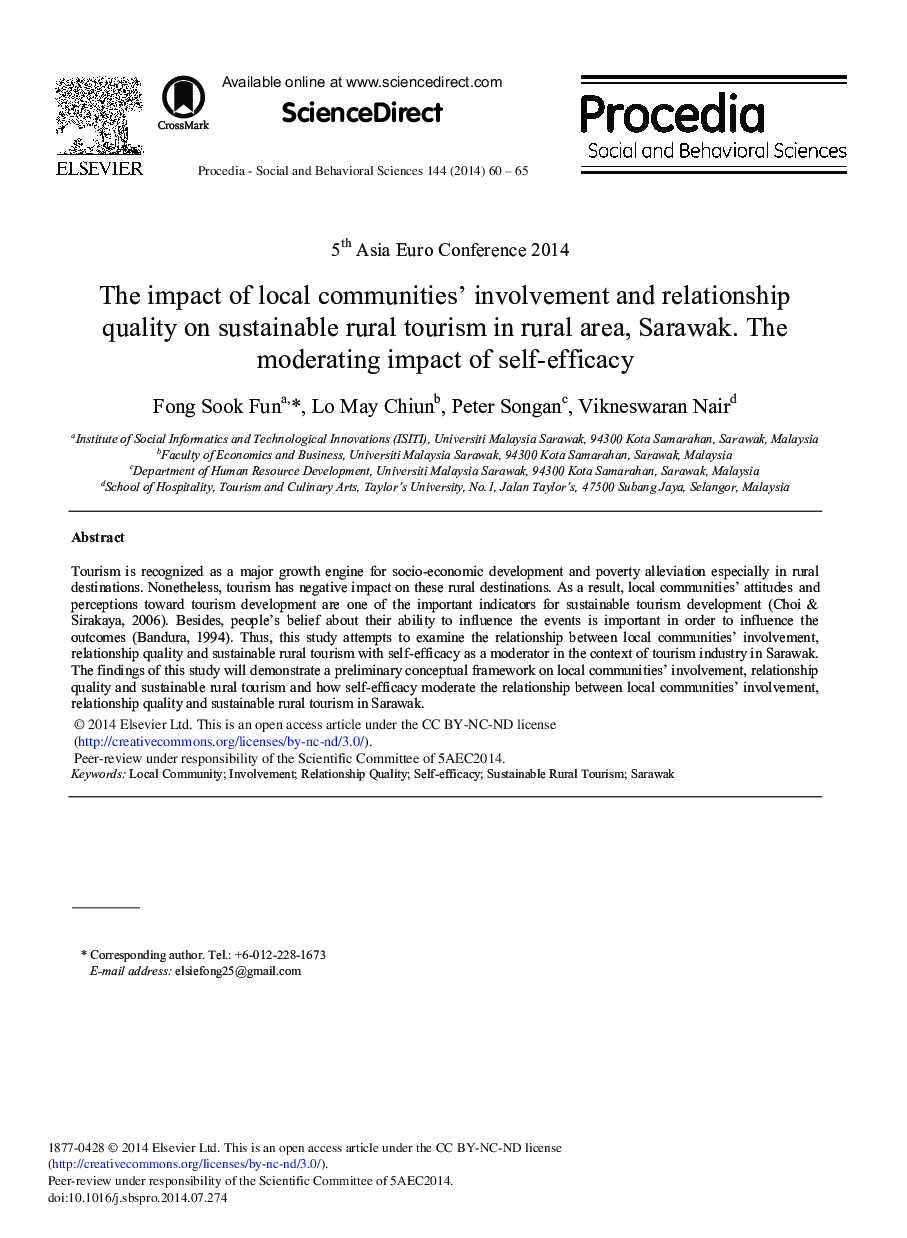 The Impact of Local Communities’ Involvement and Relationship Quality on Sustainable Rural Tourism in Rural Area, Sarawak. The Moderating Impact of Self-efficacy 