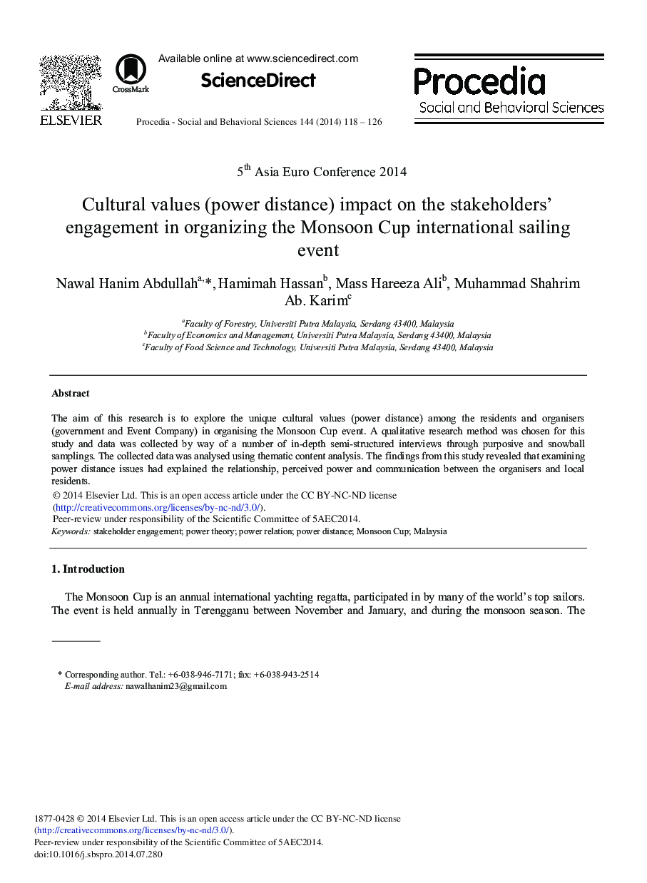 Cultural Values (Power Distance) Impact on the Stakeholders’ Engagement in Organizing the Monsoon Cup International Sailing Event 