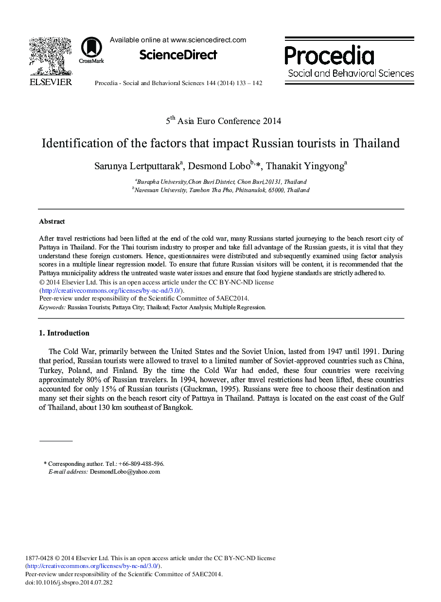 Identification of the Factors that Impact Russian Tourists in Thailand 