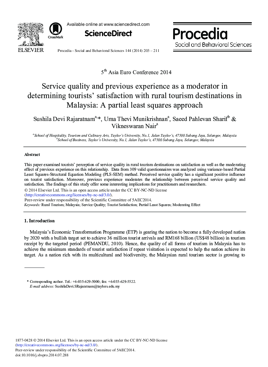 Service Quality and Previous Experience as a Moderator in Determining Tourists’ Satisfaction with Rural Tourism Destinations in Malaysia: A Partial Least Squares Approach 