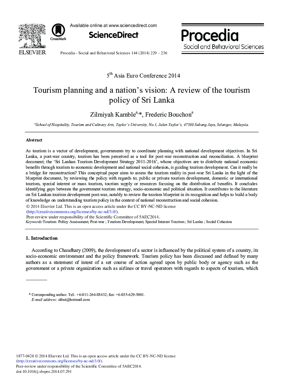 Tourism Planning and a Nation's Vision: A Review of the Tourism Policy of Sri Lanka 