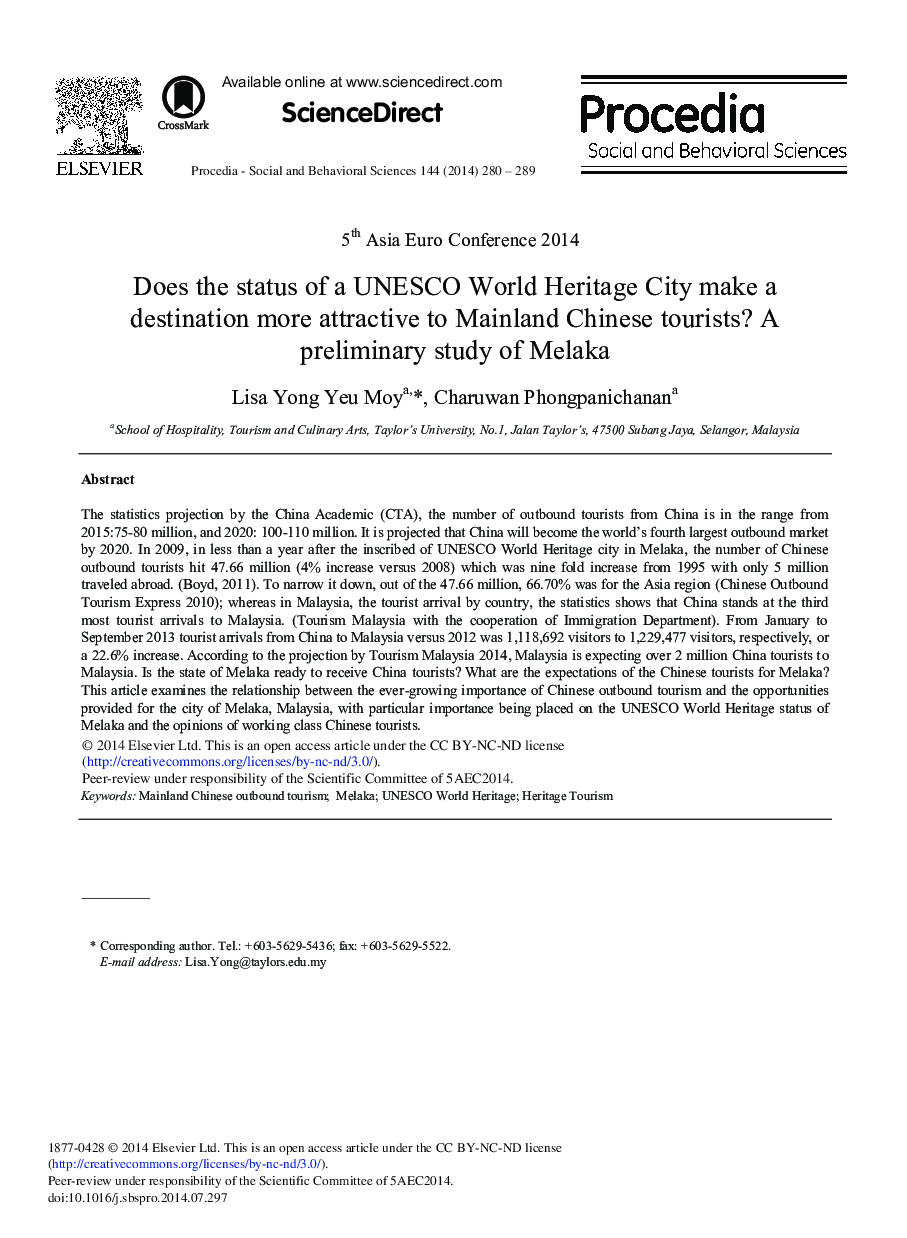 Does the Status of a UNESCO World Heritage City Make a Destination More Attractive to Mainland Chinese Tourists? A Preliminary Study of Melaka 