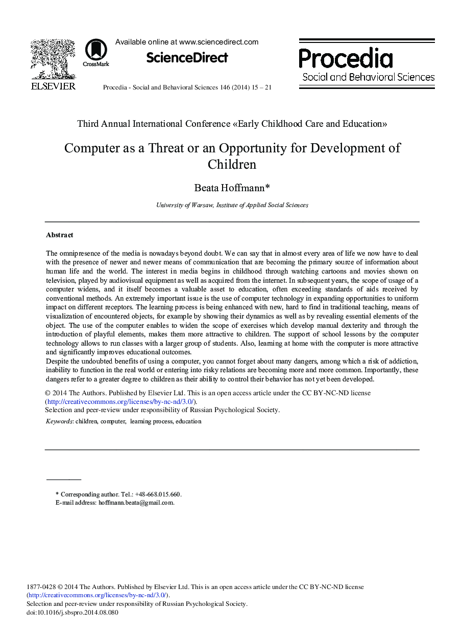 Computer as a Threat or an Opportunity for Development of Children 