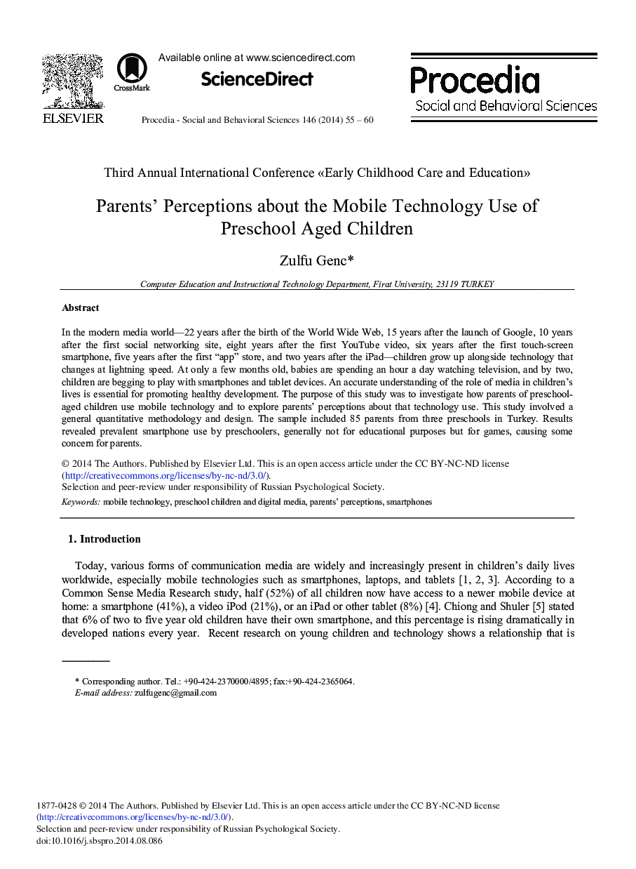 Parents’ Perceptions about the Mobile Technology Use of Preschool Aged Children 